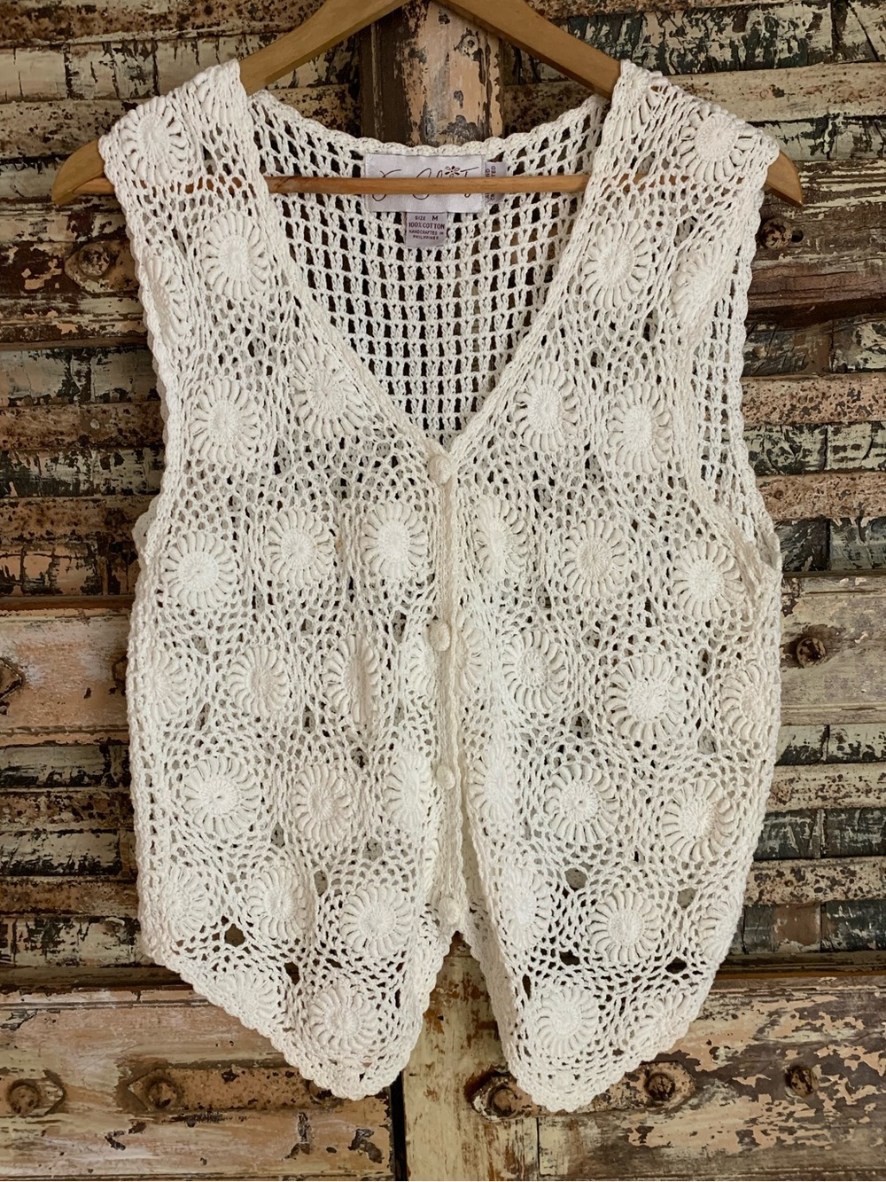 Vintage Jon Christy White Floral Cotton Crochet Vest, 90s, Boho, M